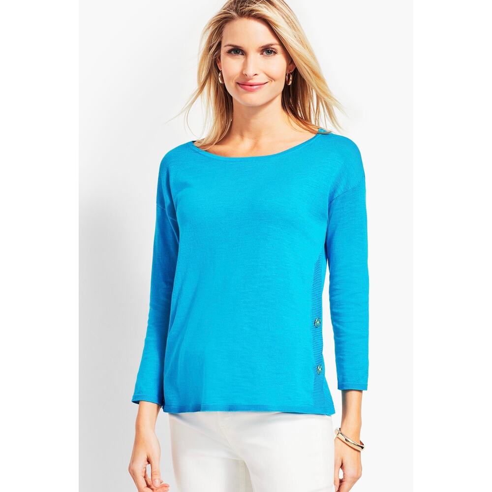 Talbots Womens M Petite Blue Side Button Sweater Pullover Long Sleeve Top Shirt